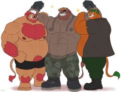  2023 abs anthro arm_tuft barefoot beard belly belt big_belly big_muscles boots boris_(heavyrocksboar) bottomwear brown_body camo camo_bottomwear camo_clothing camo_pants camo_print captain_spike_(jim55) chains chest_tuft clothed clothing duncan_(bowserfan93) ear_piercing facial_hair feet flexing flexing_bicep flexing_both_biceps footwear gloves group hair hand_on_arm handwear hi_res huge_muscles leg_tuft male mammal multicolored_hair musclegut muscular muscular_anthro muscular_male navel nipples open_clothing open_shirt open_topwear pants pattern_bottomwear pattern_clothing pattern_pants pecs piercing same22shark shirt shoes shorts simple_background suid suina sus_(pig) topwear trio tuft tusks wild_boar 