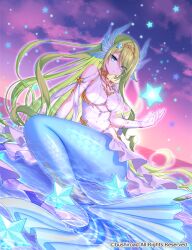  bare_shoulders blue_eyes breasts cardfight!!_vanguard closed_mouth cloud commentary_request dress eyes_visible_through_hair female green_hair hair_ornament hair_over_one_eye hand_up long_hair medium_breasts mermaid monster_girl official_art outdoors sacraneco shallow_water sky solo star_(symbol) star_hair_ornament sunset very_long_hair water white_dress 