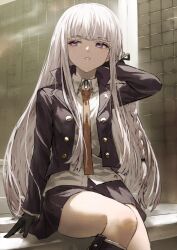  black_footwear black_gloves black_jacket boots braid brown_necktie danganronpa:_trigger_happy_havoc danganronpa_(series) fagi_(kakikaki) female gloves grey_eyes grey_hair grin jacket kirigiri_kyoko knee_boots long_hair necktie open_clothes open_jacket shirt side_braid sitting smile solo teeth tile_wall tiles white_shirt 