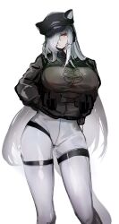  animal_ears arknights black_hat black_jacket breasts cabbie_hat cat_ears cat_girl cat_tail chest_strap closed_mouth commentary crotch_seam ears_through_headwear feet_out_of_frame female grey_hair hair_over_one_eye hands_in_pockets hat headset highres jacket large_breasts long_hair looking_down official_alternate_costume orange_eyes pants schwarz_(arknights) schwarz_(skyline)_(arknights) simple_background solo standing tactical_clothes tail thigh_strap tight_clothes tight_pants ub_orca underbust white_background white_pants 