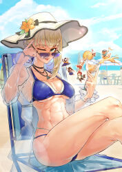  2boys 4girls abs absurdres animal arai_motoha beach beach_chair bikini bird black_hair blonde_hair blue_bikini blue_sky breasts cleavage cloud commentary cup d0h0nai day english_commentary hat highres holding holding_cup holding_umbrella index_finger_raised innertube jacket jewelry kanou_shun large_breasts looking_at_viewer luffel_(p5x) merope_(p5x) mini_person miniboy minigirl multiple_boys multiple_girls necklace noge_tomoko official_alternate_costume one_eye_closed outdoors owl parasol persona persona_5 persona_5:_the_phantom_x sand see-through see-through_jacket sitting size_difference sky sun_hat sunglasses swim_ring swimsuit tanemura_riko thighs tongue tongue_out umbrella white_hat wonder_(p5x) 