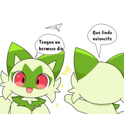  ambiguous_gender feral fur generation_9_pokemon green_body green_fur hi_res meme nintendo paper_airplane papercraft pokemon pokemon_(species) red_eyes sarent_stuff simple_background solo sprigatito white_background 