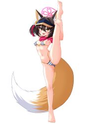  absurdres animal_ears bikini blue_archive blush breasts brown_hair commission female flexible fox_ears fox_girl fox_tail front-tie_bikini_top front-tie_top fukamiki_kei hair_ornament halo highleg highleg_bikini highres izuna_(blue_archive) izuna_(swimsuit)_(blue_archive) leg_lift looking_at_viewer official_alternate_costume pink_halo pixiv_commission pom_pom_(clothes) pom_pom_hair_ornament red_scarf scarf short_hair small_breasts solo split standing standing_on_one_leg standing_split striped_bikini striped_clothes swimsuit tail visor_cap yellow_eyes 