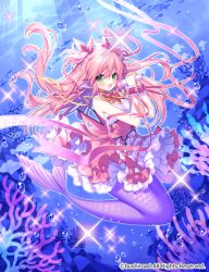  :d animal bare_shoulders blush braid cardfight!!_vanguard character_request commentary_request coral day dress female fish floating_hair green_eyes hair_between_eyes hair_ribbon hands_up holding holding_microphone long_hair looking_at_viewer mermaid microphone monster_girl official_art outdoors pink_dress pink_hair red_ribbon ribbon sacraneco smile solo sunlight twin_braids two_side_up underwater very_long_hair water wrist_cuffs 