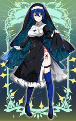  adapted_costume alternate_costume azami_masurao black-framed_eyewear black_dress black_footwear blue_eyes blue_hair blue_thighhighs breasts ciel_(tsukihime) cleavage cleavage_cutout closed_mouth clothing_cutout commentary_request dress female full_body glasses habit hair_between_eyes high_heels highres juliet_sleeves large_breasts long_sleeves looking_at_viewer nun pelvic_curtain puffy_sleeves short_hair side_slit solo thighhighs tsukihime tsukihime_(remake) veil 