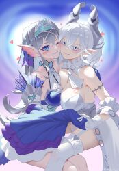  2girls after_kiss artist_name asymmetrical_docking blue_eyes breast_press breasts cheek-to-cheek cleavage demon_girl demon_horns diadem dress duel_monster earrings fins garter_straps gloves grey_eyes grey_hair head_fins heads_together heart highres holding_hands horns invisible_chair jewelry kitkallos_(yu-gi-oh!) large_breasts lipstick lipstick_mark lipstick_mark_on_breast lipstick_mark_on_face lipstick_mark_on_shoulder long_hair looking_at_viewer lovely_labrynth_of_the_silver_castle makeup medium_breasts multiple_girls one_eye_closed pointy_ears rare_lemon saliva saliva_trail simple_background sitting sleeves_past_wrists smile tearlaments_kitkallos thighhighs yu-gi-oh! yuri 