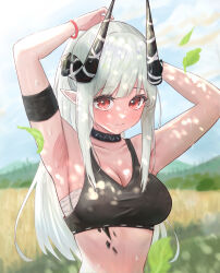  arknights armpits bandaged_chest black_horns blue_sky bracelet breasts cleavage closed_mouth collarbone crop_top falling_leaves highres horns infection_monitor_(arknights) jewelry large_breasts leaf looking_at_viewer material_growth mudrock_(arknights) oripathy_lesion_(arknights) pointy_ears ponytail red_eyes runyo_(yale12312) sky stomach sweat upper_body white_hair 