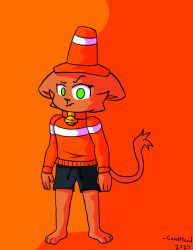  anthro bell bell_collar bottomwear clothing collar coneheadedguy coneheadthecat eyebrows facial_tuft felid feline gold_bell green_eyes looking_at_viewer male mammal raised_eyebrow shaded shading_eyes shorts solo tail traffic_cone tuft 