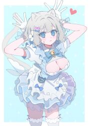  animal_ears arms_up bell blue_background blue_bow blue_dress blue_eyes blush border bow breasts cat_ears cat_girl cat_tail cleavage cleavage_cutout clothing_cutout cowboy_shot dot_nose dress dress_bow female fish_hair_ornament flower frilled_cuffs frilled_dress frilled_thighhighs frills frown gloves grey_hair hair_flower hair_ornament heart himitsu_no_aipri idol legs_apart medium_breasts medium_hair name_tag original player_character_(aipri) pretty_series rabbit_pose short_dress short_sleeves solo standing sweatdrop tail thighhighs white_border white_flower white_gloves white_thighhighs wrist_cuffs yaiyaiko zettai_ryouiki 