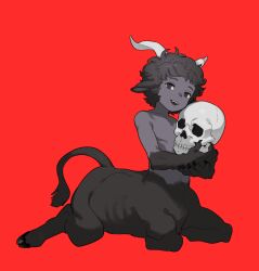  1boy centauroid claws dark-skinned_male dark_skin full_body greyscale_with_colored_background hakinikui_kutsu_no_mise holding holding_skull hooves horns looking_at_viewer male_focus messy_hair monster_boy open_mouth original ox_ears ox_horns ox_tail red_background sharp_teeth short_hair simple_background skull solo taur teeth topless_male 