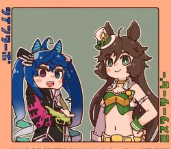  2girls @_@ ahoge animal_ears aqua_hair armband blue_eyes blue_hair blush_stickers border bow brown_hair character_name choker closed_mouth clothes_writing crop_top crossed_arms crossed_bangs green_background green_eyes hair_ornament hairbow hairclip hand_on_own_hip hashtag-only_commentary hat heterochromia highres hood hoodie horse_ears horse_girl jacket long_hair long_sleeves looking_at_viewer mini_hat mini_top_hat mr._c.b._(umamusume) multicolored_clothes multicolored_hair multicolored_hoodie multiple_girls navel open_clothes open_jacket orange_border outline purple_eyes sharp_teeth sidelocks single_sleeve smile sorairo_meronpan striped_bow teeth top_hat twin_turbo_(umamusume) twintails two-tone_hair umamusume upper_body very_long_hair white_jacket white_outline wrist_cuffs yellow_choker 