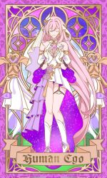  alternate_costume artist_name bare_legs bare_shoulders bell boots breasts bridal_veil card closed_eyes closed_mouth crystal_flower dress elf elysia_(herrscher_of_human:_ego)_(honkai_impact) elysia_(honkai_impact) english_text female gloves high_heel_boots high_heels highres honkai_(series) honkai_impact_3rd khuffi large_breasts long_hair pink_hair pointy_ears purple_background solo tarot tarot_(card) veil very_long_hair white_dress white_footwear white_gloves 