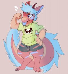  anthro bear blue_hair clothing digital_media_(artwork) dragon fluffy fluffy_tail giant_panda hair heart_eyes heart_symbol hi_res hoodie horn iceeon male mammal muscular mythological_creature mythological_scalie mythology scalie simple_background solo tail topwear torn_clothing 