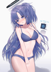  blue_archive blue_bra blue_panties blush bra breasts cleavage drone embarrassed female halo highres long_hair looking_at_viewer mechanical_halo medium_breasts open_mouth panties parted_bangs purple_eyes purple_hair shiroraku simple_background solo standing star_sticker sticker_on_face thighs underwear underwear_only white_background yuuka_(blue_archive) yuuka_(track)_(blue_archive) 