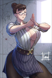  artist_name belt breasts brown_eyes brown_hair chun-li cleavage clenched_hand crack cracked_wall earrings female glasses hair_bun highres jewelry large_breasts miniskirt necklace office_lady palm-fist_greeting pantyhose semi-rimless_eyewear shirt_tucked_in skirt sleeves_rolled_up solo street_fighter striped_clothes striped_skirt tomo_eokaiteru unbuttoned watch window 