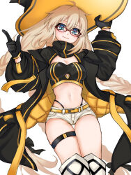  aesc_(exhibition_attire)_(fate) aesc_(fate) aesc_(rain_witch)_(fate) ahoge black_coat black_gloves black_hat blonde_hair blue_eyes blush boots braid breasts coat crop_top fate/grand_order fate_(series) female glass glasses gloves hair_ribbon hand_up hat highleg highleg_panties kawairuka_ko long_hair looking_at_viewer low_twin_braids navel panties red-framed_eyewear ribbon short_shorts shorts sidelocks smile solo thigh_boots thigh_strap twin_braids underwear white_background white_shorts witch_hat 