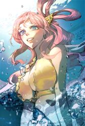  bikini blue_eyes breasts bubble cleavage commentary crying female fish_hair_ornament hair_ornament half_updo jaehyou mermaid monster_girl one_piece parted_lips pink_hair shirahoshi swimsuit tears twintails underwater yellow_bikini 