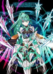  armor breasts cowboy_shot energy_sword female green_eyes green_hair high_ponytail large_breasts long_hair looking_at_viewer mechanical_wings pneuma_(xenoblade) raynartfr smile solo sword weapon white_armor wings xenoblade_chronicles_(series) xenoblade_chronicles_2 