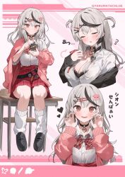  black_bra bow bowtie bra bra_peek braid breasts cellphone choker cleavage desk ear_piercing female grey_hair hair_ornament hairclip highres holding holding_phone hololive jacket large_breasts long_hair loose_socks nel_dcm o-ring o-ring_choker oerba_yun_fang on_desk partially_unbuttoned phone piercing pink_jacket plaid_clothes plaid_skirt red_eyes sakamata_chloe sakamata_chloe_(school_uniform) shirt side_braid sitting skin_fang skirt smartphone socks striped_bow striped_bowtie striped_clothes underwear virtual_youtuber white_shirt 