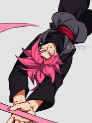  1boy arms_up black_shirt dougi dragon_ball dragon_ball_super earrings goku_black grey_eyes grin highres holding holding_scythe jewelry jiajiajiajiaa looking_at_viewer lying male_focus on_back pink_hair potara_earrings scythe shirt short_hair simple_background single_earring smile solo spiked_hair super_saiyan super_saiyan_rose twitter_username 