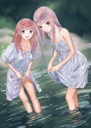  2girls :d atelier_(series) atelier_lulua bare_shoulders blue_eyes blunt_bangs brown_hair clothes_lift commentary_request dress elmerulia_fryxell kishida_mel long_hair looking_at_viewer multiple_girls official_art open_mouth outdoors pink_hair puffy_short_sleeves puffy_sleeves rorolina_frixell second-party_source short_sleeves skirt skirt_lift sleeveless sleeveless_dress smile standing wading water wet wet_clothes white_dress 