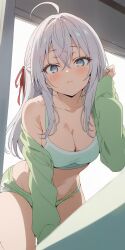  ai-generated alisa_mikhailovna_kujou bent_over breasts cleavage hand_hair highres jacket_on_arm legs sports_bra staring tokidoki_bosotto_roshia-go_de_dereru_tonari_no_alya-san 