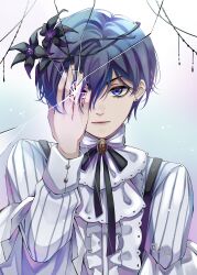  1boy absurdres artist_name bishounen black_nails black_ribbon blood blood_on_hands blue_background blue_eyes blue_hair ciel_phantomhive closed_mouth covering_one_eye cracked_screen dark_blue_hair earrings english_commentary expressionless gradient_background hair_between_eyes heterochromia highres jewelry kuroshitsuji looking_at_viewer male_focus multicolored_background neck_ribbon purple_eyes ribbon saihachi06 shirt short_hair signature solo striped_clothes striped_shirt upper_body vertical-striped_clothes vertical-striped_shirt white_background 