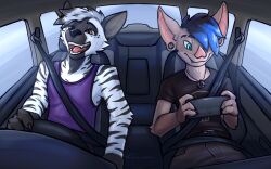  anthro bat canid canine car clothing cynicalstarr duo gaming hi_res inside_car male mammal open_mouth playing_video_game sitting smile teeth vehicle 