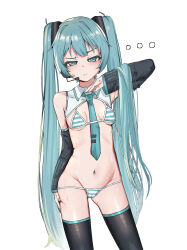  ... absurdres aqua_bikini aqua_eyes aqua_hair aqua_nails aqua_necktie bare_shoulders bikini black_sleeves black_thighhighs blush closed_mouth commentary cowboy_shot detached_collar detached_sleeves dot_nose english_commentary female food hair_ornament hand_up hatsune_miku headset highres long_hair long_sleeves looking_at_viewer meemz_a micro_bikini nail_polish navel necktie simple_background solo standing swimsuit thighhighs twintails vegetable very_long_hair vocaloid white_background 