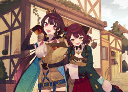  2girls :d ahoge apple atelier_(series) atelier_sophie_2 awning bag belt blue_belt breasts brown_eyes building cape coat commentary_request cowboy_shot crown day detached_sleeves food fruit green_coat holding holding_bag holding_food holding_fruit large_breasts leotard long_hair long_sleeves looking_at_viewer low_twintails multiple_girls noco_(adamas) official_art open_mouth outdoors paper_bag purple_hair ramizel_erlenmeyer red_eyes red_hair red_skirt road second-party_source short_hair skirt sky smile sophie_neuenmuller stairs standing street twintails wide_sleeves 