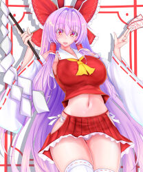  absurdres animal_ears ascot bare_shoulders blush bow breasts cosplay detached_sleeves female gohei hair_tubes hairbow hakurei_reimu hakurei_reimu_(cosplay) highres holding_ofuda japanese_clothes kou_(inaba) large_breasts long_hair midriff miko miniskirt navel ofuda open_mouth panties pleated_skirt purple_eyes purple_hair rabbit_ears red_bow reisen_udongein_inaba side-tie_peek skirt smile solo touhou underwear very_long_hair white_panties yellow_ascot 