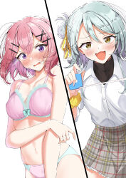  2girls :d absurdres amaori_renako black_undershirt blush bow bow_bra bra breasts brown_eyes commentary dress_shirt embarrassed green_hair grey_skirt hair_bun hair_ornament hair_ribbon hairclip highres holding koyanagi_kaho long_sleeves medium_breasts miniskirt multiple_girls navel oerba_yun_fang ozawa_sayori panties pink_bra pink_hair pink_panties plaid_clothes plaid_skirt purple_eyes ribbon school_uniform scrunchie shirt short_hair single_side_bun skin_fang skirt sleeves_rolled_up smile standing sweatdrop tape_measure underwear watashi_ga_koibito_ni_nareru_wake_naijan_murimuri white_background white_shirt wing_collar wrist_scrunchie x_hair_ornament yellow_ribbon yellow_scrunchie 