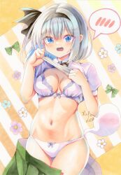  absurdres artist_logo black_hairband blue_eyes bow bow_bra bow_panties bra breasts clothes_lift clothes_pull collared_shirt commentary cowboy_shot female frown green_skirt grey_hair hairband highres huyugiri_luna konpaku_youmu konpaku_youmu_(ghost) lifting_own_clothes looking_at_viewer marker_(medium) medium_breasts navel open_clothes open_mouth open_skirt panties pleated_skirt puffy_short_sleeves puffy_sleeves shirt shirt_lift short_hair short_sleeves signature skirt skirt_pull solo spoken_blush standing thigh_gap touhou traditional_media underwear white_bra white_panties white_shirt 