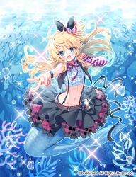  animal arm_warmers bare_shoulders black_ribbon black_skirt black_vest blonde_hair blue_eyes blush cardfight!!_vanguard character_request commentary_request coral crop_top female fish floating_hair hair_between_eyes hair_ribbon long_hair mermaid midriff monster_girl navel official_art open_clothes open_vest outdoors pleated_skirt ribbon sacraneco shirt single_arm_warmer skirt solo suspender_skirt suspenders underwater very_long_hair vest water white_shirt 