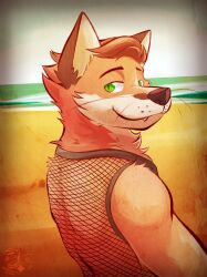  2024 anthro beach black_nose brown_hair canid canine clothing dated echo_(series) echo_project fishnet_clothing fishnet_shirt fishnet_topwear fox fur green_eyes hair hi_res looking_at_viewer male mammal murdoch_byrnes neck_tuft orange_body orange_fur red_fox sand sea seaside shirt signature sky smile snaggle_tooth solo the_smoke_room topwear true_fox tuft ventkazemaru vignette water whiskers white_sky 