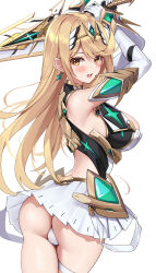  absurdres ass bare_legs bare_shoulders blonde_hair breasts dress earrings elbow_gloves female from_behind gloves headpiece highres jewelry large_breasts long_hair looking_at_viewer matrix16 microdress mythra_(xenoblade) no_panties panties solo swept_bangs tiara underwear very_long_hair white_panties xenoblade_chronicles_(series) xenoblade_chronicles_2 yellow_eyes 