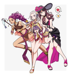  4girls arm_around_waist armlet bare_arms bare_legs bare_shoulders bernadetta_von_varley bernadetta_von_varley_(summer) bikini black_bikini black_choker braid braided_ponytail brown_bikini brown_hair choker closed_eyes commentary commentary_request crying dark-skinned_female dark_skin dorothea_arnault dorothea_arnault_(summer) dress edelgard_von_hresvelg edelgard_von_hresvelg_(summer) fire_emblem fire_emblem:_three_houses fire_emblem_heroes flower friends frilled_bikini frills from_side green_eyes grey_background hair_between_eyes hair_flower hair_ornament hair_ribbon hand_on_another&#039;s_arm hands_up hat heart high_ponytail highres holding jewelry knees_together_feet_apart light_blush locked_arms long_braid long_hair looking_to_the_side multiple_girls navel necklace nieto_tokage off_shoulder official_alternate_costume one-piece_swimsuit one_eye_closed open_mouth parted_bangs petra_macneary petra_macneary_(summer) pink_nails ponytail purple_bikini purple_dress purple_hair purple_ribbon red_one-piece_swimsuit ribbon sandals sarong short_hair side_slit simple_background spoken_heart spoken_sparkle standing stomach sweatdrop swimsuit symbol-only_commentary tearing_up teeth thigh_gap thighlet thighs upper_teeth_only wavy_hair white_flower white_hair 