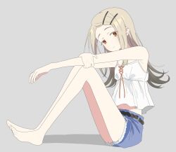  aru_(purepur8) blue_shorts camisole cutoffs denim denim_shorts female gakuen_idolmaster hair_ornament hairclip highres idolmaster light_brown_hair looking_at_viewer orange_eyes rope_belt shinosawa_hiro short_shorts shorts simple_background sitting skinny smile solo white_camisole 