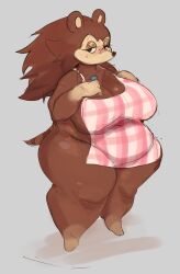  animal_crossing anthro apron apron_only big_breasts biped breasts brown_body brown_fur brown_hair clothing eulipotyphlan female fur gikowinko hair hedgehog hi_res looking_at_viewer mammal nintendo overweight pupils sable_able solo thick_thighs 