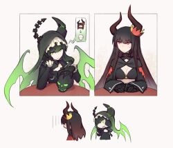  2girls asymmetrical_horns black_bra black_dress black_gold_saw black_hair black_rock_shooter_arcana black_veil bra chibi claws crown dead_master demon_horns demon_wings dress green_eyes green_wings highres horns long_sleeves mechanical_hands mehyuew39 mismatched_horns multiple_girls red_eyes skull sweatdrop underwear uneven_horns veil wings 