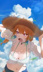  absurdres bikini bikini_under_clothes blue_sky braid breasts choker cleavage cloud cloudy_sky d4kou16 earrings feather_earrings feathers female green_bikini green_choker hat highres hololive hololive_english jewelry large_breasts navel official_alternate_costume open_mouth orange_hair purple_eyes see-through see-through_shirt shirt sky solo straw_hat sweat swimsuit takanashi_kiara takanashi_kiara_(casual) twin_braids virtual_youtuber 