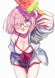  :o absurdres breasts closed_mouth collarbone dress fate/grand_order fate_(series) female food glasses grey_jacket hair_over_one_eye harukappa highres holding holding_food holding_popsicle jacket large_breasts mash_kyrielight mash_kyrielight_(swimsuit_of_perpetual_summer) pink_hair popsicle purple_eyes short_hair simple_background single_bare_shoulder solo sparkling_eyes star-shaped_pupils star_(symbol) swimsuit symbol-shaped_pupils teeth thighs upper_teeth_only watermelon_bar white_background white_dress 