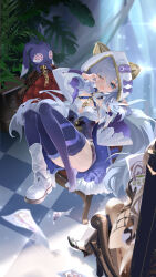  2girls absurdres animal_hood black_gloves blue_eyes bodysuit boots breasts cat_hood chain_around_neck chains checkered_floor cleavage detached_sleeves gloves grey_hair highres honkai_(series) honkai_impact_3rd hood indoors jiu_dao_fan_yin long_hair lying meme multiple_girls on_chair one_eye_closed open_mouth purple_bodysuit purple_thighhighs sitting small_breasts stuffed_animal stuffed_toy teri_derp_(meme) theresa_apocalypse theresa_apocalypse_(schicksal&#039;s_imperative) thighhighs thighs vita_(honkai_impact) white_footwear white_hair white_hood 