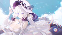  azur_lane bare_shoulders blue_eyes blue_gemstone blue_sky breasts chromatic_aberration cleavage collarbone commentary_request detached_collar dress elbow_gloves female gem gloves hair_ornament hat highres illustrious_(azur_lane) korikr32 lace-trimmed_headwear lace_trim large_breasts long_hair looking_at_viewer mole mole_under_eye sky smile solo strapless strapless_dress sun_hat tri_tails upper_body very_long_hair white_dress white_gloves white_hair white_hat 