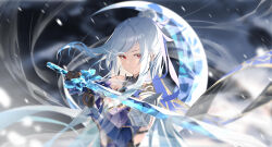  absurdres black_gloves blue_dress blue_hair breasts chinese_clothes cleavage closed_mouth crescent crystal_sword dress female gloves highres holding holding_sword holding_weapon honkai:_star_rail honkai_(series) jingliu_(honkai:_star_rail) jiu_dao_fan_yin large_breasts light_blue_hair long_hair long_sleeves looking_at_viewer ponytail red_eyes snowing solo sword upper_body weapon 