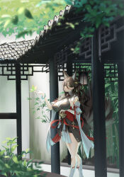  absurdres animal_ears architecture bare_legs black_dress bracelet breasts brown_hair bug butterfly chinese_clothes cleavage dress east_asian_architecture female fox_ears fox_girl fox_tail green_eyes hair_between_eyes highres honkai:_star_rail honkai_(series) jewelry jiu_dao_fan_yin large_breasts long_hair looking_at_viewer multiple_tails parted_lips solo tail tingyun_(honkai:_star_rail) white_footwear 