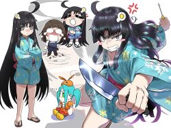  ... 1boy 3girls :&lt; =_= @_@ ahoge anger_vein araragi_koyomi araragi_tsukihi black_eyes black_hair blank_eyes blue_kimono blue_overalls blush blush_stickers bright_pupils brown_hair character_doll chibi chibi_inset clenched_teeth closed_mouth commentary crying dual_wielding ebora egg_hair_ornament english_commentary feet food-themed_hair_ornament fumo_(doll) glint hair_ornament highres holding holding_knife holding_screwdriver japanese_clothes kimono kitchen_knife knife long_hair looking_at_viewer monogatari_(series) multiple_girls multiple_views obi ononoki_yotsugi open_mouth overalls print_kimono projected_inset red_sash sandals sash screwdriver sengoku_nadeko smile snowflake_print standing tabi teeth toes v-shaped_eyebrows very_long_hair white_pupils wide_sleeves 