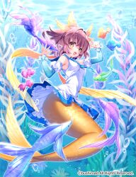  :d animal arm_up blue_necktie blue_sailor_collar blue_sleeves blush breasts brown_eyes brown_hair cardfight!!_vanguard character_request commentary_request day detached_sleeves dress female fish hair_between_eyes hair_intakes layered_sleeves long_sleeves medium_breasts mermaid monster_girl necktie official_art outdoors pleated_dress puffy_short_sleeves puffy_sleeves sacraneco sailor_collar sailor_dress short_over_long_sleeves short_sleeves sleeveless sleeveless_dress smile solo underwater water white_dress white_sleeves 