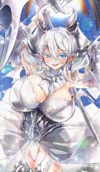  bare_shoulders blue_background blush breasts cleavage cowboy_shot demon_girl demon_horns demon_wings dress drill_hair duel_monster earrings female gloves grey_eyes grey_hair halberd holding holding_polearm holding_weapon horns huge_breasts jewelry leotard long_hair lovely_labrynth_of_the_silver_castle pointy_ears polearm sasakuma_kyouta solo strapless strapless_dress twin_drills weapon white_dress white_gloves white_leotard wings yu-gi-oh! 