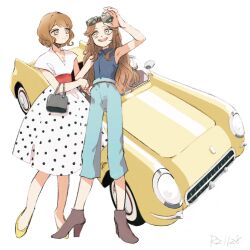  2girls adjusting_eyewear ariura_kanna armpits bag black_shirt blue_pants boots breasts brown_eyes brown_footwear brown_hair car cleavage closed_mouth collared_shirt commentary_request convertible eye_contact eyewear_on_head full_body handbag high_heel_boots high_heels highres holding_another&#039;s_arm idolmaster idolmaster_cinderella_girls imay3927 long_hair looking_at_another motor_vehicle multiple_girls nagatomi_hasumi pants polka_dot polka_dot_skirt shirt shirt_tucked_in simple_background skirt sleeveless sleeveless_shirt small_breasts smile standing sunglasses white_background white_shirt white_skirt yellow_eyes yellow_footwear 